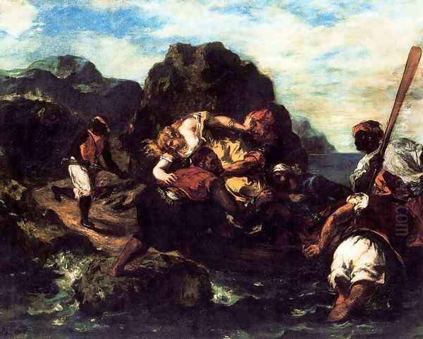 African Pirates Abducting a Young Woman Oil Painting by Eugene Delacroix