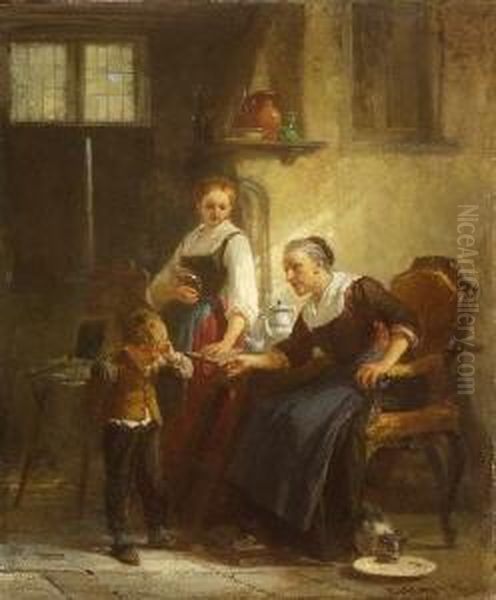 Der Kleine Ubeltater Wird Von
 Seiner Grosmutter Bestraft. Oil Painting by Henri Louis Ludwig