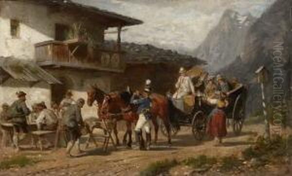 Halt Der Postkutsche Vor Einem
 Bauernwirtshaus. Oil Painting by Henri Louis Ludwig