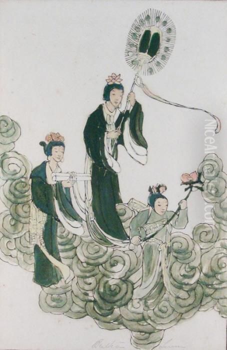 A Goddess And Her Attendants In
Clouds Oil Painting by Bertha Boynton Lum