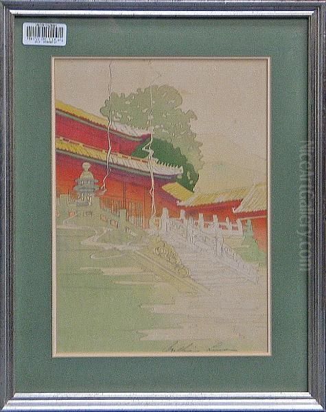 Entitled Tan Shi Sou, White 
Snake Temple, Dated 1924, Bertha Lum; Good Impression, Color Somewhat 
Faded Oil Painting by Bertha Boynton Lum