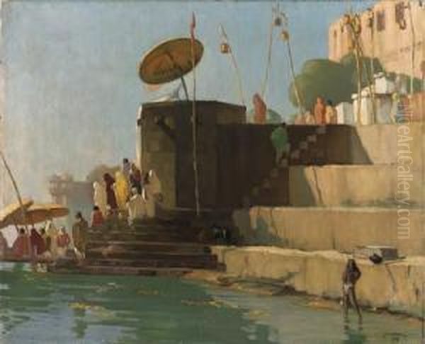 A Benares Ghat; On The Steps By The Ganges Oil Painting by Ernest S. Lumsden
