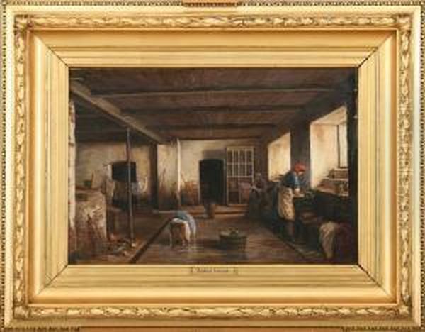 Two Girls Doing The Laundry At Dragsholm Castle, Denmark Oil Painting by Anker Niels Lund