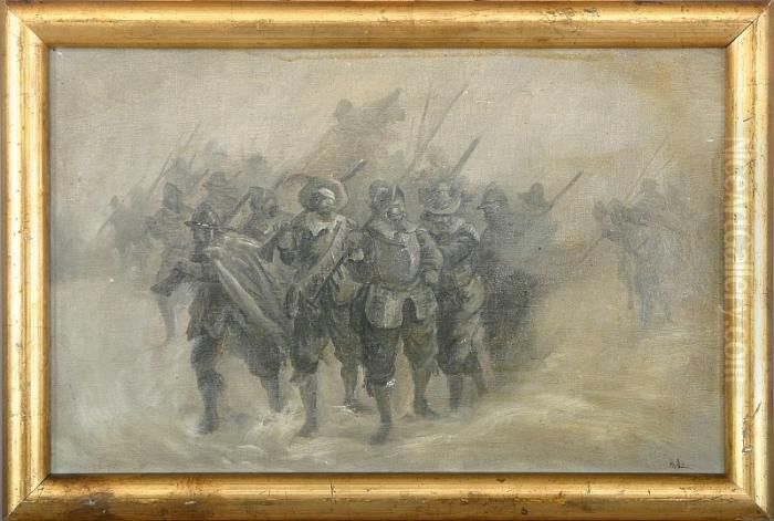 A Group Of Soldiers Oil Painting by Anker Niels Lund