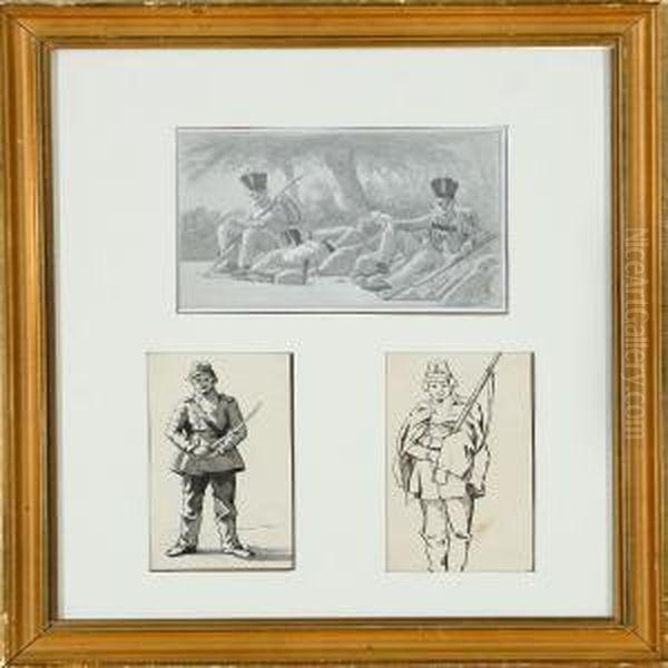 Soldiers Having A Rest Andtwo Studies Of Soldiers Oil Painting by Frederick Christian Lund