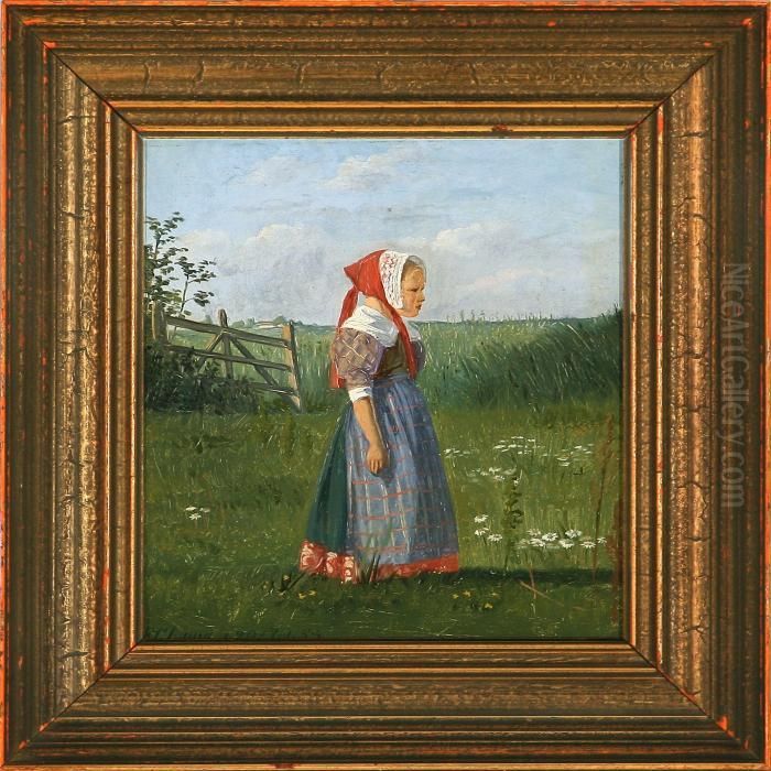 A Girl From Zeeland In The Meadow Oil Painting by Frederick Christian Lund