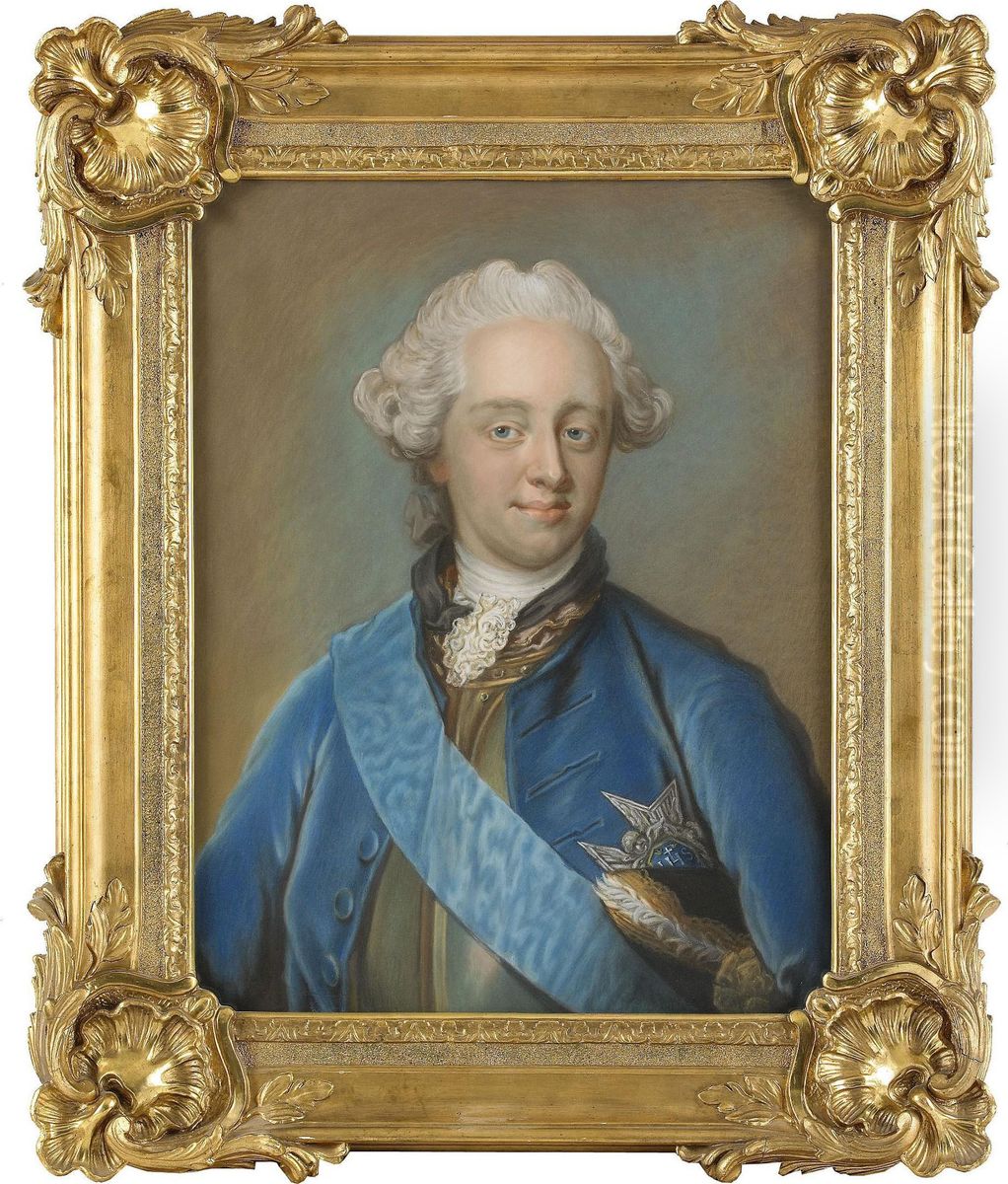 Portratt Av Adelsman Ikladd 
Harnesk Och Bla Rock Med Serafimerorden Samt Dennes Hustru Ikladd 
Ljusgra Klanning Med Blomstergirland Och Djupbla Mantilj - 1 Par 
Midjebilder Oil Painting by Gustaf Lundberg