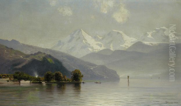 Mountain Lake Oil Painting by Ascan Lutteroth