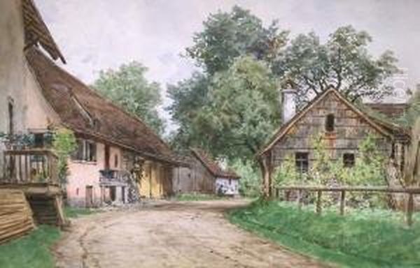 Dorfstrasse. Aquarell. 32 X 48 
Cm. Rechts Unten Signiert. Im Passepartout, Unter Glas Gerahmt. Oil Painting by Ascan Lutteroth