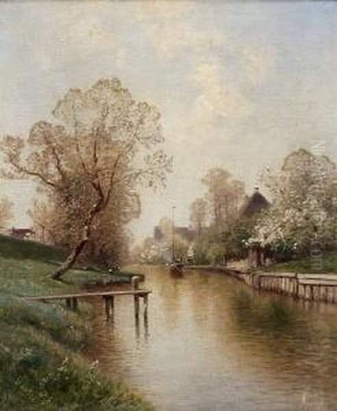 Fruhlingslandschaft Mit
 Kanal. Oil Painting by Ascan Lutteroth