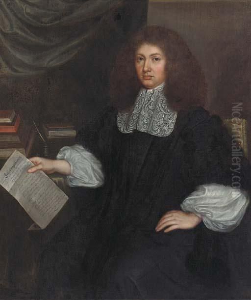 Portrait Of A Gentleman, Seated 
Half-length, Holding An Extensivelyinscribed Letter In His Right Hand, 
With Books Beside Him Oil Painting by Isaac Luttichuys