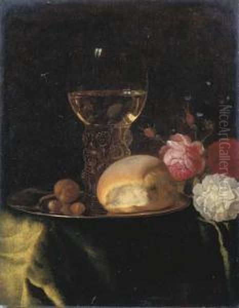 A Roemer Of White Wine, A Bread 
Roll And Nuts On A Silver Plate,together With Roses On A Green-draped 
Table Oil Painting by Simon Luttichuys