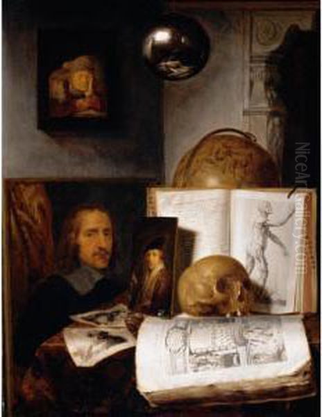 Still Life Of Books, Prints, 
Paintings, A Skull, Shell And A Globe Upon A Table Draped With A Green 
Cloth, A Sphere And A Painting Hanging Above Oil Painting by Simon Luttichuys