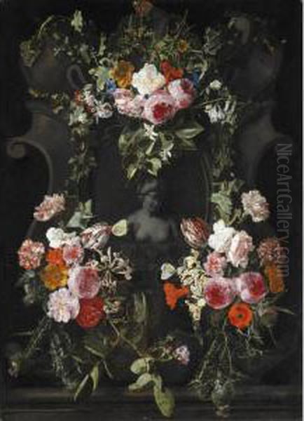 Female Stone Bust Set In A Stone
 Cartouche Surrounded By A Garland Of Flowers 
Including Roses Parrot Tulips Roses A Poppy And 
Thistles Oil Painting by Carstiaen Luyckx