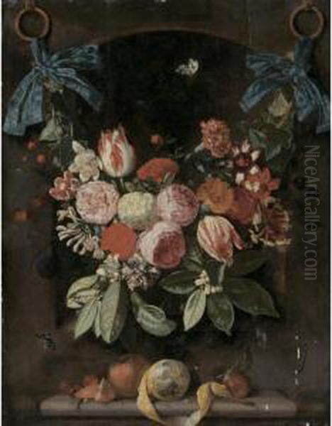 A Festoon Of Flowers Suspended 
By Blue Ribbons Before A Niche, With A Peeled Lemon, Cherries, An Orange
 And A Plum Resting On A Ledge Below Oil Painting by Carstiaen Luyckx