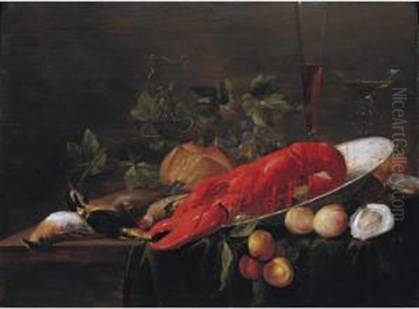 Still Life Of A Lobster In A 
Wanli 'kraak' Porcelain Bowl, With Peaches, Grapes, Bread, Oysters, 
Glasses Of Wine, A Kingfisher, Goldcrest And Other Songbirds, Arranged 
Upon A Table Draped With A Green Cloth Oil Painting by Carstiaen Luyckx