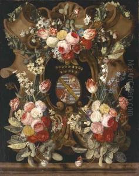 A Garland Of Roses, Carnations, 
Snowdrops, Honeysuckle, Morningglory And Other Flowers Around A Stone 
Cartouche With Acoat-of-arms Oil Painting by Carstiaen Luyckx