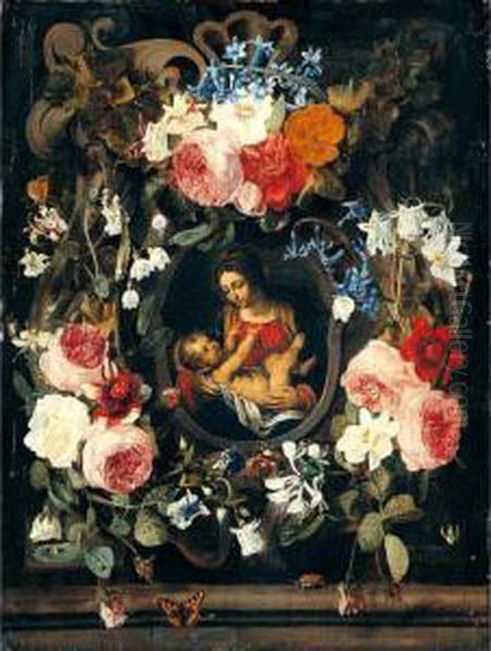A Still Life Of A Garland Of 
Flowers With The Virgin And Child Set Within A Stone Cartouche Oil Painting by Carstiaen Luyckx