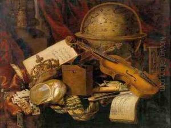 A Still Life With A Nautilus 
Shell, Playing Cards, A Crown, A Violin, A Globe And Other Objects 
Resting On A Draped Table Oil Painting by Carstiaen Luyckx