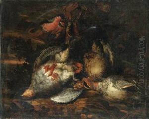 Partridge, A Brace Of Teal, A 
Bullfinch, A Goldfinch, A Bluetit Andother Dead Birds In A Landscape Oil Painting by Carstiaen Luyckx