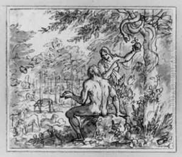 Drei Zeichnungen Mit 
Bibelillustrationen, Darunter: Adam Und Eva Im Paradies. Feder In Sepia,
 Grau Laviert, Auf Papier. H Je 7; B Je 8,4 Cm. Tafel Oil Painting by Jan Luyken
