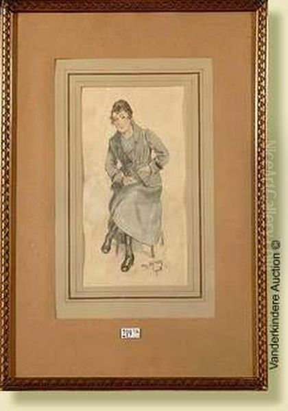 Jeunefemme Assise, Fusain 
Rehausse Sur Papier. Signe En Bas A Droite Am.lynen Et Date 1918. Ecole 
Belge. Dim.: 27x14 Cm Oil Painting by Amedee Ernest Lynen