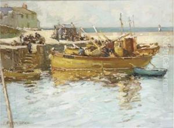 The Golden Boats, Dunure, Ayrshire Oil Painting by Thomas Bonar Lyon