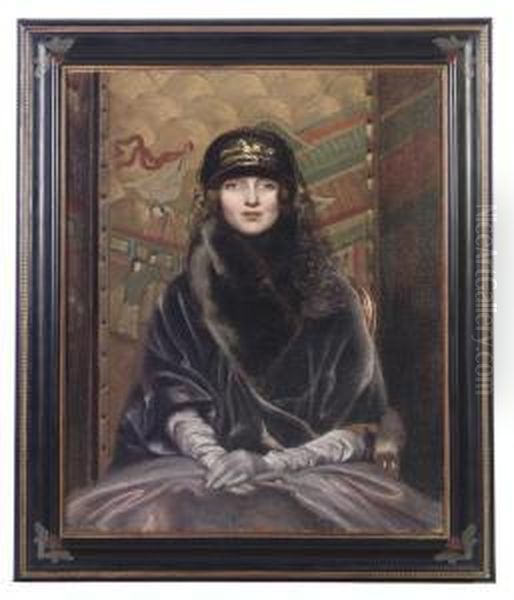 Portrait Of A Lady, Seated 
Half-length, In A Deep Purple Velvetcoat Before A Chinoiserie Screen Oil Painting by Neville Stephen Lytton