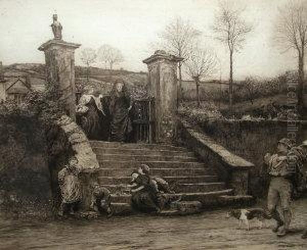 Attributed To Robert Walker 
Macbeth Ra Rws Re -- Figures Gathered Round The Steps Of A Manor, After 
Frederick Walker Ara 1840-1875; Etching, In An Oak Frame, 59x73cm Oil Painting by Robert Walker Macbeth