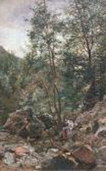 Figures By A Woodland Stream Oil Painting by John Blake Macdonald