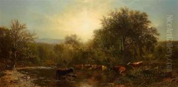 Cows Watering Oil Painting by James McDougal Hart