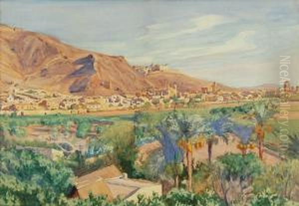 Orihuelia From A Distance A 
Southwestern View Of A Village With Palm Trees In Foreground And Distant
 Mountains. Oil Painting by Dodge Macknight
