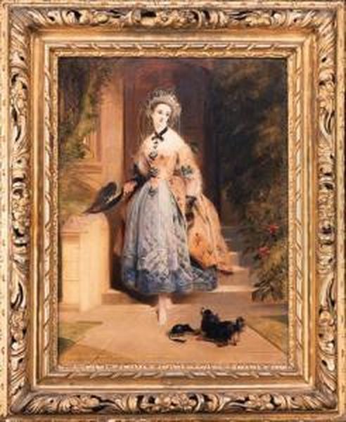 Portrait Of Louisa Jane, 
Marchioness Of Abercorn, Smallfull-length, In In An Elaborately 
Embroidered Yellow And Bluedress, At The Entrance To A House, With A 
Spaniel Oil Painting by Daniel Maclise