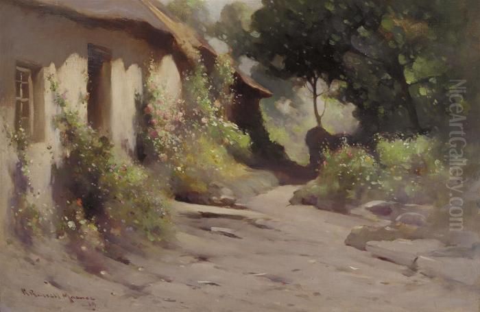 Sunlit Cottage Yard Oil Painting by Robert Russell Macnee