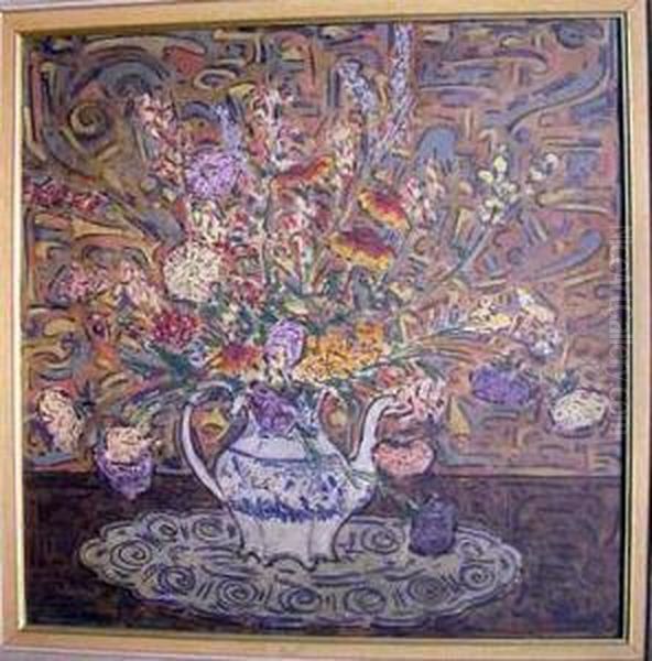 Bouquet Of Flowers In A Blue And White Teapot Oil Painting by Elmer Livingston Macrae