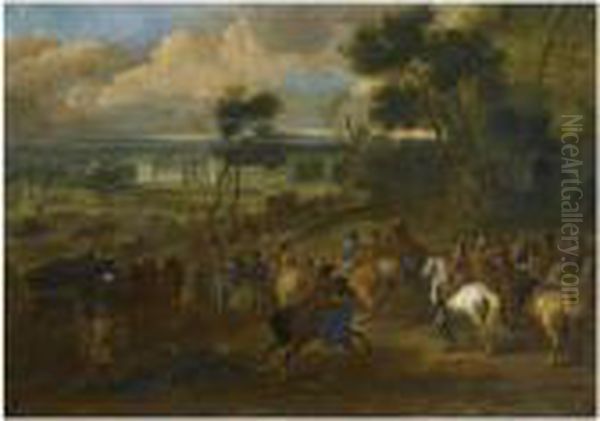 An Extensive Wooded Landscape 
With King Louis Xiv And Hiscompany Returning From The Hunt, A View Of 
The Palace Of Versaillesbeyond Oil Painting by Dirck Maas