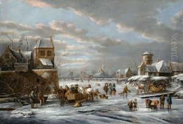 Eisvergnugen Vor Den Mauern Einer
 Stadt.

 Ol Auf Holz (parkettiert). H 76; B 111 Oil Painting by Dirck Maas