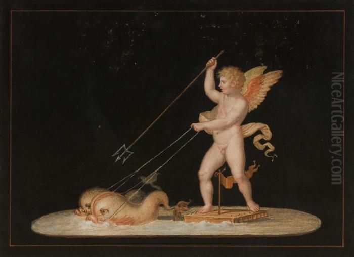 Cupid Pulled By Two Dolphins Oil Painting by Michaelangelo Maestri