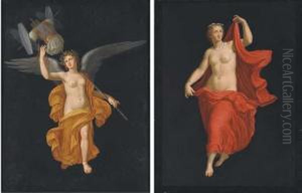 A Winged Female Figure Crowned 
With Laurels Carrying A Trophy; Anda Female Figure Discarding Her 
Draperies Oil Painting by Michaelangelo Maestri