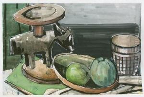 Stilleben Mit Afrikanischer 
Skulptur Und Apfeln. Aquarell Und Schwarze Tusche Auf Karton. 29,8 X 45 
Cm. 1932. Signiert Und Datiert. Oil Painting by Emil Maetzel