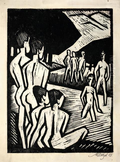 Knabengruppe Am Fluss. 1915 Oil Painting by Emil Maetzel