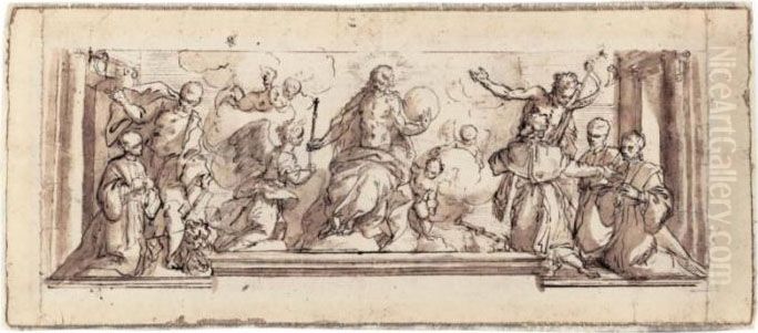 Christ Seated In Glory, Adored 
By Kneeling Venetian Dignitaries, Saints Mark And John The Baptist, And 
Angels Oil Painting by Alessandro Maganza