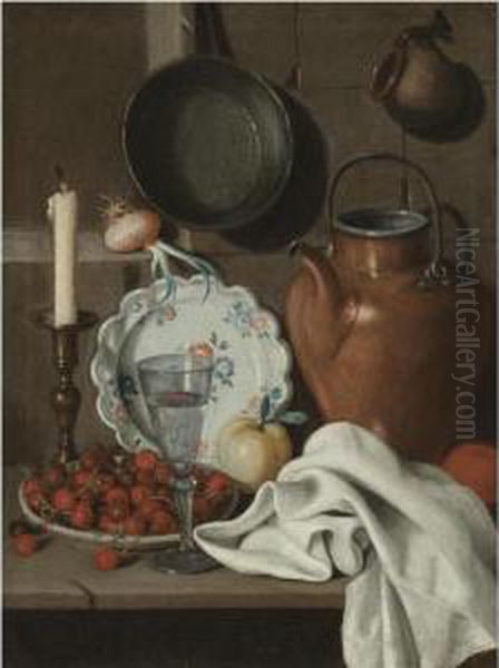 A Still Life With A Candle, 
Cherries In A Stoneware Bowl, A Wine Glass, A Porcelain Plate, An Apple,
 An Orange, A Copper Kettle And A White Table Cloth All On A Stone 
Ledge, Together With A Sprouting Onion, A Saucepan And A Jug Oil Painting by Carlo Magini