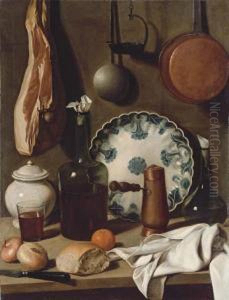 A Glass Bottle, A Blue And White
 Porcelain Platter, A Copper Coffeepot, A Flask, A Covered Jar, A 
Tumbler Of Wine, A Knife, Bread,onions And An Orange On A 
Partially-draped Table, With A Ham Andpans Suspended From The Wall Oil Painting by Carlo Magini
