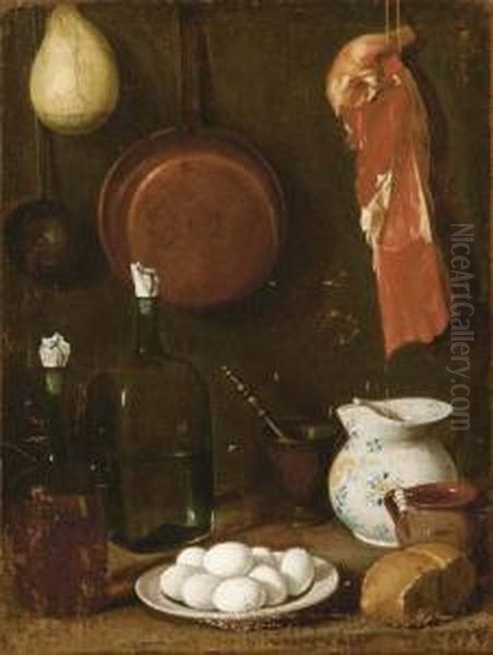 Piatto Di Uova, Tozzo Di Pane, 
Boccalino, Caraffa, Pestello, Due Bottiglie Su Piano; Padella, Scamorza
 E Pezzo Di Carne Appesi Oil Painting by Carlo Magini