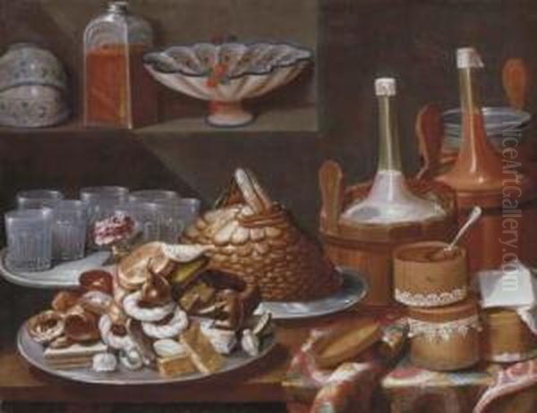 Cakes, Bread, Fruit, A Rose, 
Savoiardi Biscuits And Glasses Onpewter Plates With Bottles In Pails And
 Decorated Boxes On A Partlydraped Table, White And Blue Porcelain Cups 
And Bowls With A Glassjar On A Ledge Oil Painting by Carlo Magini