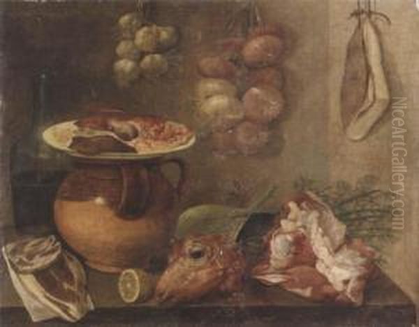 A Sheep's Head, Lemon, Bottle 
And An Earthenware Jar Covered By A Dish With Animal Lights, With Fennel
 On A Table Top, Onions, Garlic And A Ham Hanging On The Wall Beyond Oil Painting by Carlo Magini