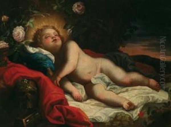 Gesu Bambino Dormiente Con 
Aureola E Corona Di Rose In Un Paesaggio A Distesa; Olio Su Tela Oil Painting by Stefano Magnasco