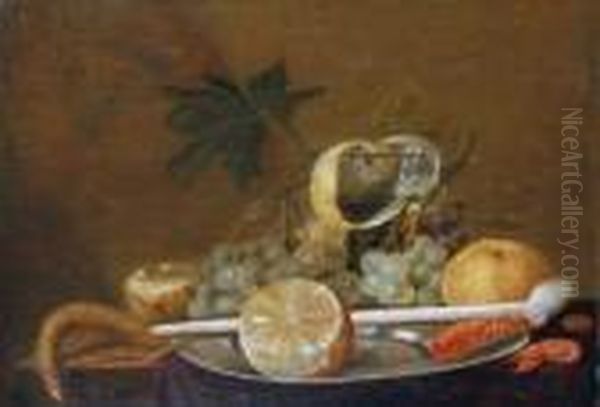 Stilleben Mit Fruchten, Gekochten
 Krabben Und Einer Tonpfeife. Oil Painting by Cornelis Mahu