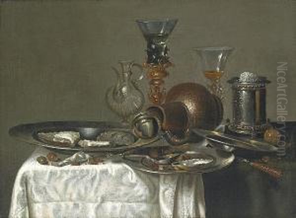 Oysters And Hazelnuts On Pewter 
Plates With A Stoneware Jug, A Silver Brazier And Glasses On A Table 
Draped With A White Cloth Oil Painting by Cornelis Mahu